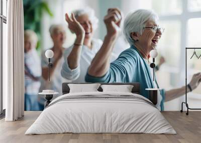 Candid capture of a joyful group of seniors showing vitality while dancing, highlights companionship and active lifestyle in retirement, reflecting the spirit of elderly Wall mural