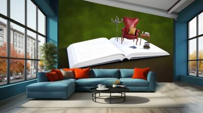 3D rendering of an open book with storytime reading corner. Wall mural