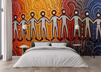 Silhouettes of people holding hands in the style of Australian traditional indigenous aboriginal dot painting Wall mural