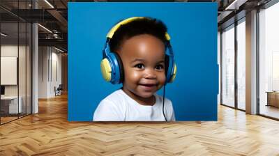 studio portrait of happy black baby wearing headphones isolated on blue background Wall mural