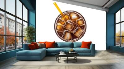 top view soft drink glass with ice cubes straw Wall mural