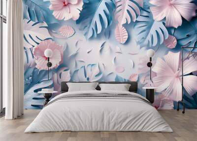 White and blue tropical leaves background Wall mural