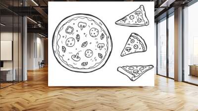 Outline pizza slices, whole pizza. Vector simple Doodle style sketch Wall mural