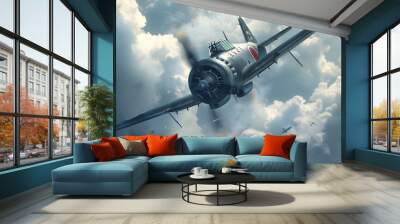 A World War II Kamikaze Plane in Flight: Portrait of Sacrifice, Determination, and the Chaotic Sky of Battle Wall mural