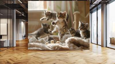 Adorable Kittens at Play in a Sunlit Room, Innocently Frolicking on a Plush Blanket Wall mural