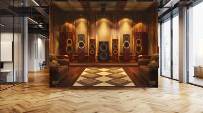 An exquisite illustration of a high-end sound system room, showcasing state-of-the-art audio equipment in a luxurious and acoustically optimized environment Wall mural