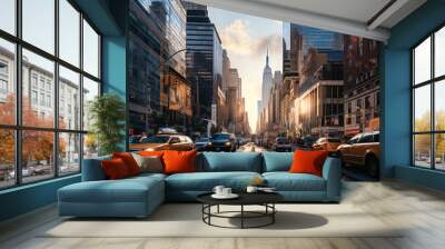 The iconic New York skyline, skyscrapers piercing the sky, the hustle and bustle of the streets below, and the spirit of the city alive. Wall mural