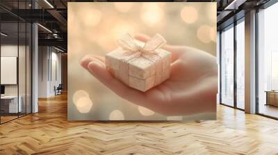 Elegant Hand with a Tiny Jewelry Gift Box: A hand delicately holding a small, elegant jewelry box with a sparkling ribbon, set against a soft-focus background.
 Wall mural