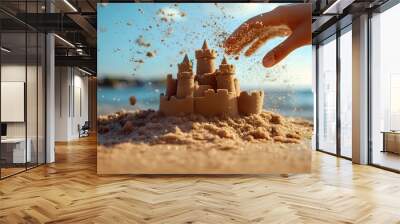 Hand Smashing a Sandcastle: A hand smashing a sandcastle on the beach, with sand flying.
 Wall mural