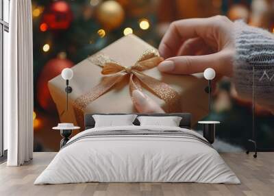 Hand-Tying Ribbon on Gift Box: A detailed shot of a hand carefully tying a ribbon on a gift box, with festive decorations in the background.
 Wall mural