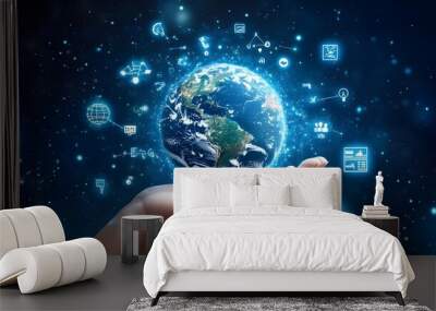 Hand with Earth Surrounded by Technology Icons: A hand holding the Earth, surrounded by floating technology icons, symbolizing the digital world's impact on the planet. 
 Wall mural