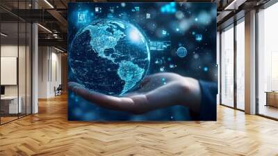 Hand with Earth Surrounded by Technology Icons: A hand holding the Earth, surrounded by floating technology icons, symbolizing the digital world's impact on the planet. 
 Wall mural