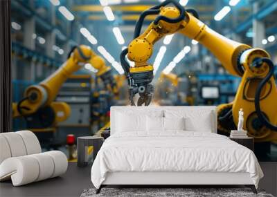 Industrial Robot Arm: A powerful industrial robot arm assembling car parts in an automated factory.
 Wall mural