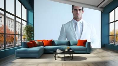 Man in a White Suit and Tie: A man dressed in a crisp white suit and tie, posing confidently against a clean white backdrop.
 Wall mural