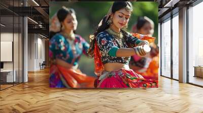 Nepalese Traditional Dance: A group of women in vibrant traditional attire performing a cultural dance, with swirling skirts and expressive hand movements.
 Wall mural