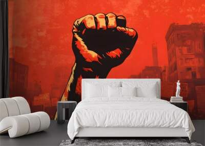 Raised Fist: A hand with a raised fist against a backdrop of a protest rally.
 Wall mural