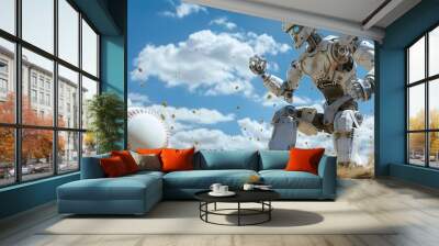 Robot Baseball Pitcher Throwing Ball: A robot pitcher winding up and throwing a fastball towards home plate.
 Wall mural