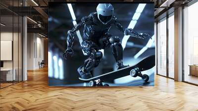 Robot Skater Performing Trick: A robotic skater performing an intricate trick on a sleek, modern skateboard.
 Wall mural