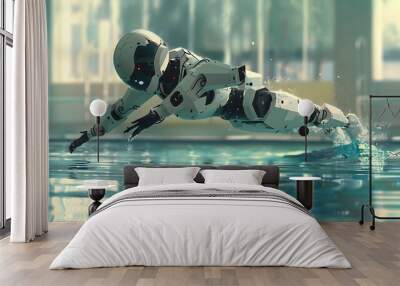 Robot Swimmer Diving into Pool: A streamlined robot diving into a pool, creating minimal splash as it enters the water.
 Wall mural