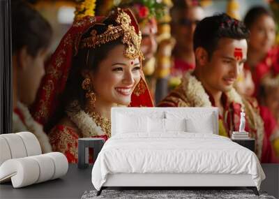 Traditional Nepalese Wedding Ceremony: A traditional wedding ceremony in Nepal, with the bride and groom in elaborate red and gold attire, surrounded by family and friends.
 Wall mural