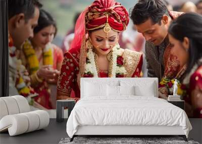 Traditional Nepalese Wedding Ceremony: A traditional wedding ceremony in Nepal, with the bride and groom in elaborate red and gold attire, surrounded by family and friends.
 Wall mural