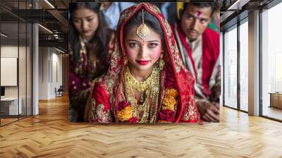 Traditional Nepalese Wedding Ceremony: A traditional wedding ceremony in Nepal, with the bride and groom in elaborate red and gold attire, surrounded by family and friends.
 Wall mural