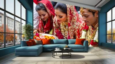 Traditional Nepalese Wedding Ceremony: A traditional wedding ceremony in Nepal, with the bride and groom in elaborate red and gold attire, surrounded by family and friends.
 Wall mural