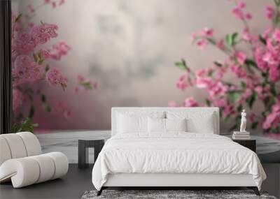 Empty space displays products on white marble tables decorated with beautiful pink flowers. - 1 Wall mural