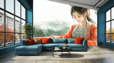 A serene scene depicting a woman in a traditional outfit, reading ancient texts near a beautiful landscape. Wall mural