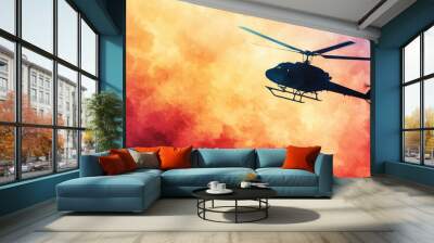 A stunning helicopter silhouette against a vivid, colorful sky, ideal for conveying action and adventure themes. Wall mural