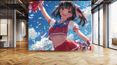 Animated Cheerleader Celebrating with Pom-Poms Under a Confetti Sky Wall mural