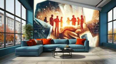 Business collaboration concept with handshake and networking people, symbolizing teamwork, partnership, and professional connections. Wall mural