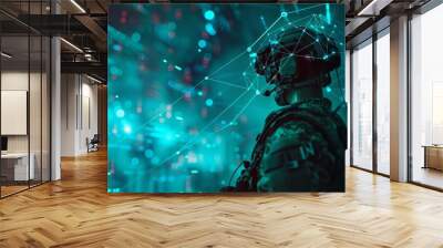 Cybernetic silhouette of a scifi soldier interfacing with tech Wall mural