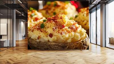 Delicious stuffed baked potato topped with cheese and herbs, perfect for a comforting meal or side dish. Wall mural