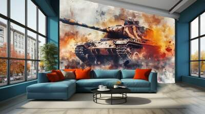 Dramatic watercolor painting of a tank in action, blending historical warfare with artistic expression Wall mural