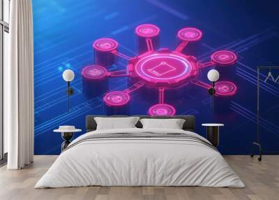 Futuristic network illustration with glowing nodes interconnected by digital lines, representing technology and connectivity. Wall mural