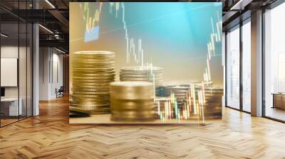 Double exposure of money coin, stock market or forex trading graph and candlestick chart suitable for financial investment concept.  Wall mural