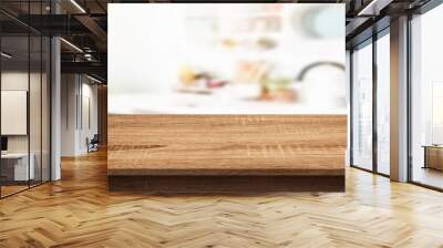 Empty wood table top on blurred kitchen counter background - can be used for display or product display concept. Wall mural