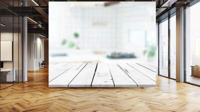 Empty wood table top on blurred kitchen counter background - can be used for display or product display concept. Wall mural