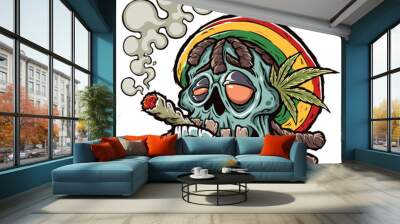 Vector illustration of Cartoon Zombie smokes a cigarette with marijuana, rastaman, Cannabis leaves, print for t-shirts  Wall mural