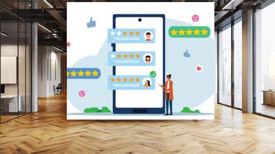 People giving  stars and likes feedback and choosing satisfaction rating on mobile site and application . Customer review rating and feedback concept. Flat vector illustration. Wall mural