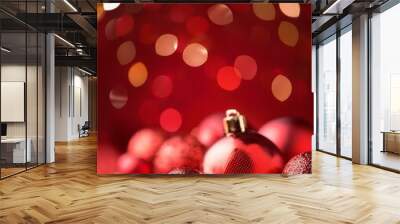 Red festive background with glitter, Christmas decorations and Bokeh lights Wall mural