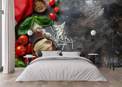 Italian food creative background for menu and restaurant. Typical Italian dishes in Italy. Pizza, pasta, cheese, parmesan, basil, herbs, tomatoes, and tomato sauce. Food menu, copy space design. Wall mural