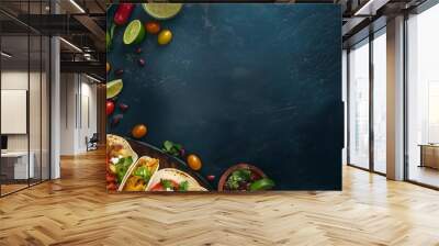 Mexican food creative background for menu and restaurant. Typical latin dishes in Mexico. Tortilla, burrito, chilli con carne, chilli, pepper, tomatoes, and tomato sauce. Food menu, copy space design. Wall mural