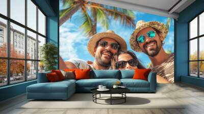 Smiling happy friends taking selfie photography at tropical beach with white sand and palm beach. Summer vacation in exotic resort, travel photo in a tropical paradise.  Wall mural