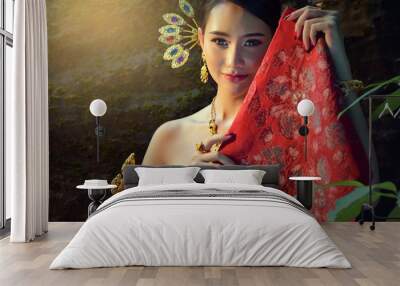 Asian woman wearing traditional Laos culture,vintage style,Laos Wall mural