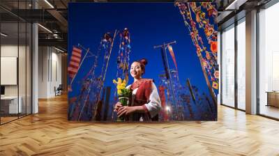 Beautiful woman in traditional dress costume,Asian woman wearing typical Thai dress identity culture of Thailand at night. Wall mural