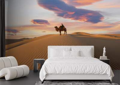 camel going through the sand dunes on sunrise, gobi desert mongolia Wall mural