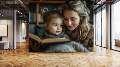 Mother and her daughter reading  bible ,family worship or woman studying, reading book or learning God in religion Wall mural