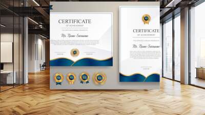 Premium gold and blue certificate of appreciation template, clean modern design with gold badge Wall mural